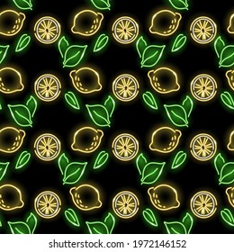 Neon lemon seamless pattern with fruits and leaves, icons on black background. Summer, lemonade, vitamin concept. Vector 10 EPS illustration.