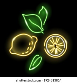 Neon lemon and slice with leaves isolated on black background. Summer, lemonade, vitamin, fruits concept. Night signboard style. Vector 10 EPS illustration.