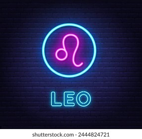 Neon Leo Sign on brick wall background.