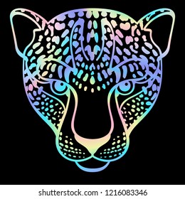 Neon Leopard T-shirt fashion print isolated on black background. Holographic modern animal pattern for tshirt and apparel graphics, posters, prints.