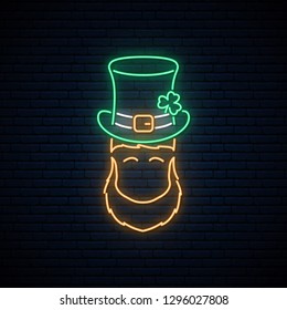 Neon leprechaun with Patricks green hat and orange beard. St. Patrick's day neon banner. 