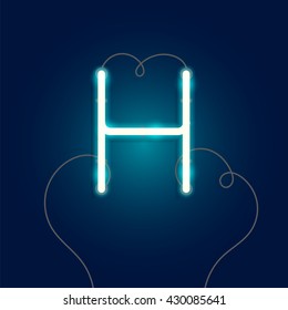 Neon letter H vector illustration. Glowing neon font with wire.