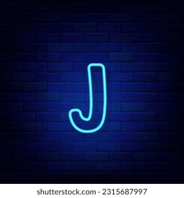 Neon letter J on brick wall. Light blue logotype. Simple shape. Glowing banner. Turquoise emblem. Editable stroke. Vector stock illustration