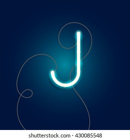 Neon letter J vector illustration. Glowing neon font with wire.