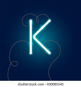 Neon letter K vector illustration. Glowing neon font with wire.