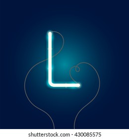 Neon letter L vector illustration. Glowing neon font with wire.