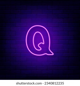 Neon letter Q. Logotype on brick wall. Quality symbol. Shiny violet label. Simple shape. Glowing banner. Purple emblem. Editing text. Vector stock illustration