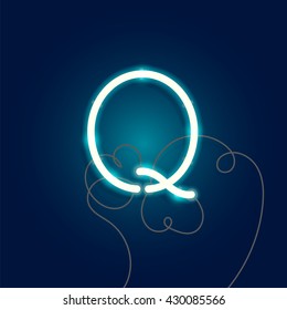 Neon letter Q vector illustration. Glowing neon font with wire.