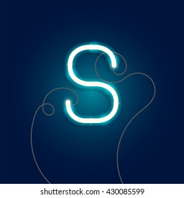 Neon letter S vector illustration. Glowing neon font with wire.