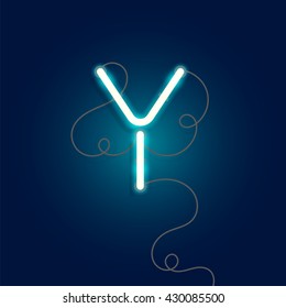 Neon letter Y vector illustration. Glowing neon font with wire.