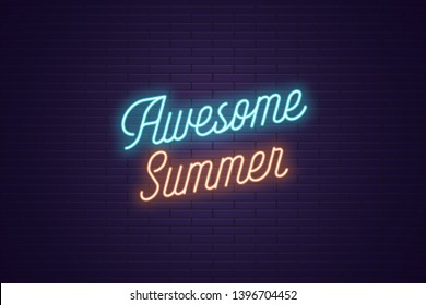 Neon lettering of Awesome Summer. Glowing headline, bright neon cursive text of Awesome Summer. Title template for web banner and poster. Blue and orange color
