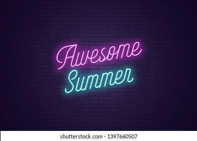 Neon lettering of Awesome Summer. Glowing headline, bright neon cursive text of Awesome Summer. Title template for web banner and poster. Blue and purple color