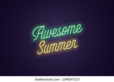 Neon lettering of Awesome Summer. Glowing headline, bright neon cursive text of Awesome Summer. Title template for web banner and poster. Yellow and green color