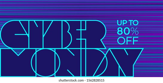 Neon lettering Cyber Monday in cyberpunk style on blue background. Retro banner for sale offers. Vector illustration.