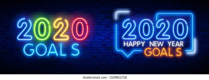 Neon lettering of Goals 2020. Glowing headline, bright neon cursive text of Goals 2020. Title template for web banner and poster. Blue and purple color