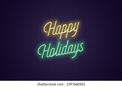 Neon lettering of Happy Holidays. Glowing headline, bright neon cursive text of Happy Holidays. Title template for web banner and poster. Yellow and green color
