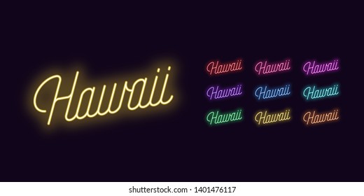 Neon lettering of Hawaii name. Neon text of Hawaii islands. Set of glowing inscription with transparent backlight for design. Red pink purple violet blue azure green yellow orange color