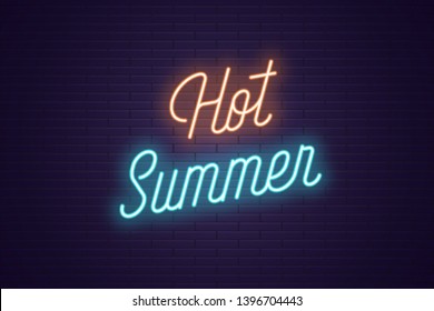 Neon lettering of Hot Summer. Glowing headline, bright neon cursive text of Hot Summer. Title template for web banner and poster. Orange and blue color