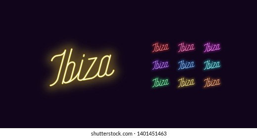 Neon lettering of Ibiza name. Neon text of Ibiza island. Set of glowing inscription with transparent backlight for design. Red pink purple violet blue azure green yellow orange color