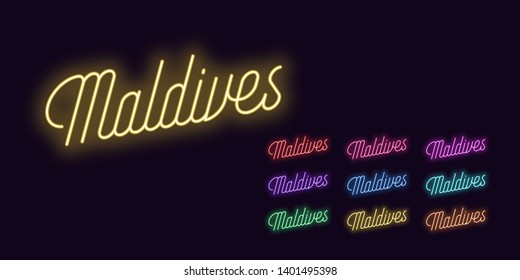 Neon lettering of Maldives name. Neon text of Maldives country. Set of glowing inscription with transparent backlight for design. Red pink purple violet blue azure green yellow orange color