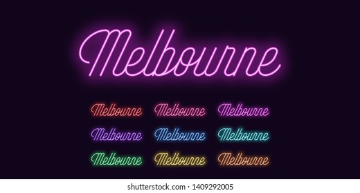 Neon lettering of Melbourne name. Neon text of Melbourne city. Set of glowing inscription with transparent backlight for design. Red pink purple violet blue azure green yellow orange color