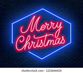 Neon lettering Merry Christmas on dark background. Greeting card .