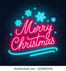 Neon lettering Merry Christmas on dark background. Greeting card .