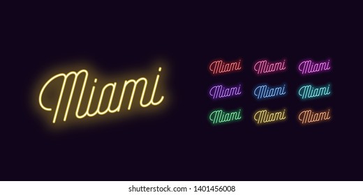 Neon lettering of Miami name. Neon text of Miami city. Set of glowing inscription with transparent backlight for design. Red pink purple violet blue azure green yellow orange color