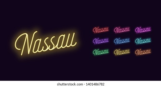 Neon lettering of Nassau name. Neon text of Nassau city. Set of glowing inscription with transparent backlight for design. Red pink purple violet blue azure green yellow orange color