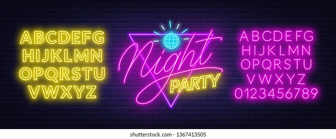 Neon lettering Night party on brick wall background. Glowing fonts.