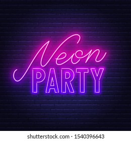 Neon lettering Neon Party on brick wall background.