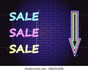 Neon lettering sale in different colors, neon arrow target designator on a illuminated brick wall background. Vector for design, decoration, background for shops, discounts, promotions, black friday