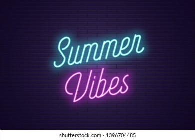 Neon lettering of Summer Vibes. Glowing headline, bright neon cursive text of Summer Vibes. Title template for web banner and poster. Blue and purple color