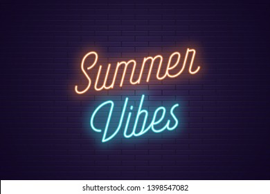 Neon lettering of Summer Vibes. Glowing headline, bright neon cursive text of Summer Vibes. Title template for web banner and poster. Orange and blue color