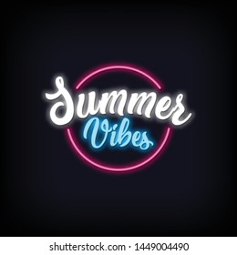 Neon lettering of Summer Vibes. Glowing headline  bright neon cursive text of Summer Vibes. Title template for web banner and poster. Vector
