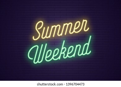 Neon lettering of Summer Weekend. Glowing headline, bright neon cursive text of Summer Weekend. Title template for web banner and poster. Yellow and green color