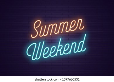 Neon lettering of Summer Weekend. Glowing headline, bright neon cursive text of Summer Weekend. Title template for web banner and poster. Orange and blue color