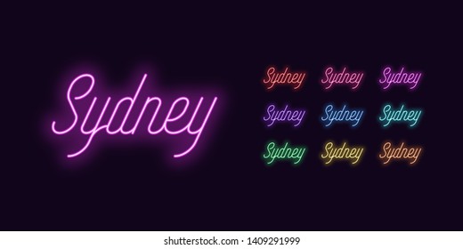 Neon lettering of Sydney name. Neon text of Sydney city. Set of glowing inscription with transparent backlight for design. Red pink purple violet blue azure green yellow orange color