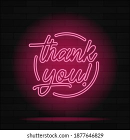 Neon lettering thank you on a dark background. Vector illustration.