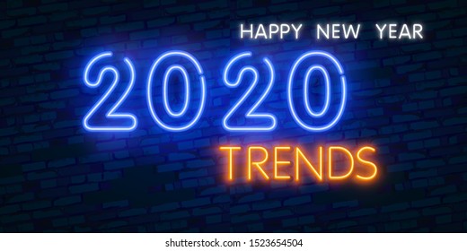 Neon Lettering Of Trends 2020. Glowing Headline, Bright Neon Cursive Text Of Trends 2020. Title Template For Web Banner And Poster.