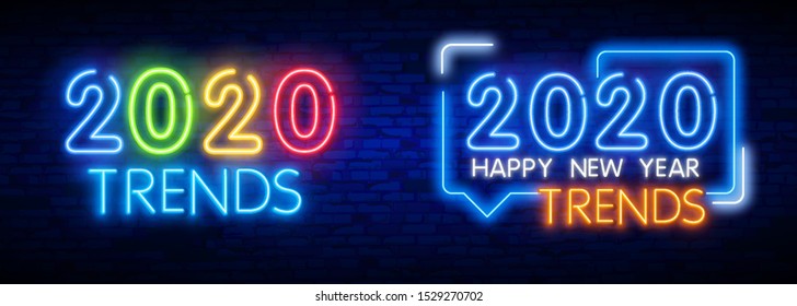 Neon Lettering Of Trends 2020. Glowing Headline, Bright Neon Cursive Text Of Trends 2020. Title Template For Web Banner And Poster. Blue And Purple Color