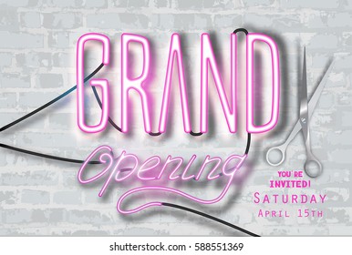 Neon lettering-GRAND OPENING-on a brick wall, scissors and cut ribbon. Vector illustration