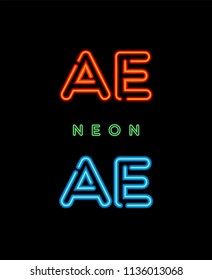 Neon letters A E logo. Red and Blue light glowing neon icon vector illustration.
