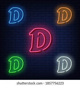 Neon letters, five colors red, blue, green, yellow, white. Isolated font on dark blue brick wall background. Vector illustration eps 10.