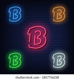 Neon letters, five colors red, blue, green, yellow, white. Isolated font on dark blue brick wall background. Vector illustration eps 10.