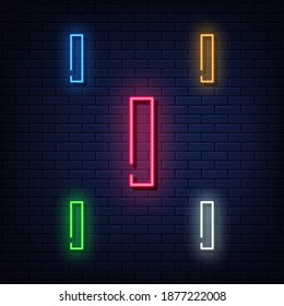 Neon letters, five colors red, blue, green, yellow, white. Isolated font on dark blue brick wall background. Vector illustration eps 10.