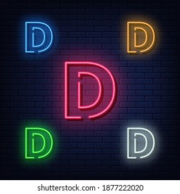 Letras de neón, cinco colores rojo, azul, verde, amarillo, blanco. Fuente aislada sobre fondo de pared de ladrillo azul oscuro. Ilustración vectorial eps 10.