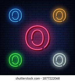 Neon letters, five colors red, blue, green, yellow, white. Isolated font on dark blue brick wall background. Vector illustration eps 10.