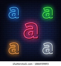 Neon letters, five colors red, blue, green, yellow, white. Isolated font on dark blue brick wall background. Vector illustration eps 10.