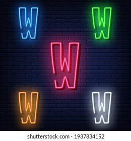 Neon letters, five colors: red, blue, green, yellow, white. Isolated font on a blue brick wall background. Vector illustration eps 10.